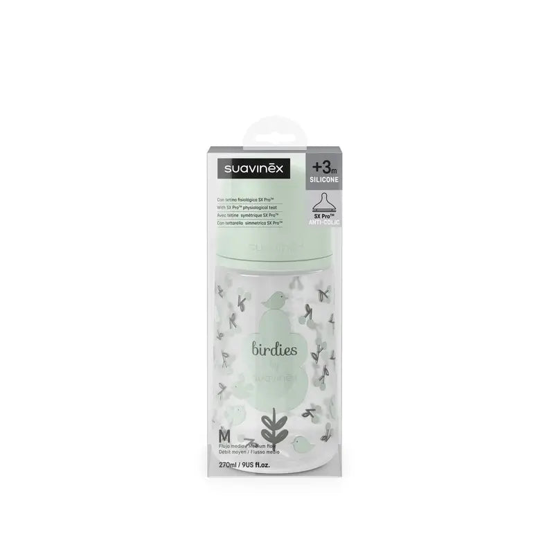 Suavinex Biberón Tetina Sx Pro Flujo Medio (M) +3 Meses Birdies Verde, 270 ml