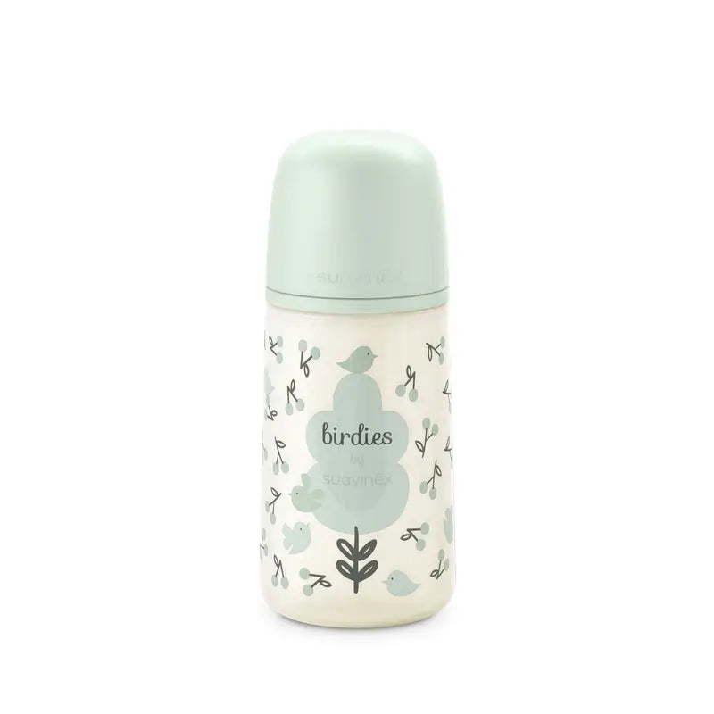 Suavinex Biberón Tetina Sx Pro Flujo Medio (M) +3 Meses Birdies Verde, 270 ml