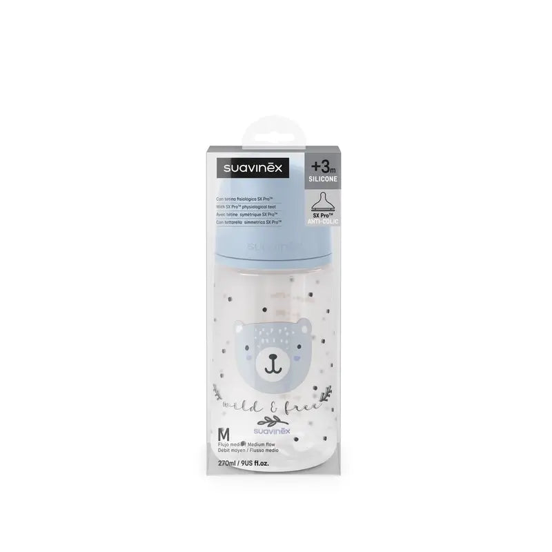 Suavinex Biberón Tetina Sx Pro Flujo Medio (M) +3 Meses Wild&Free Azul, 270 ml