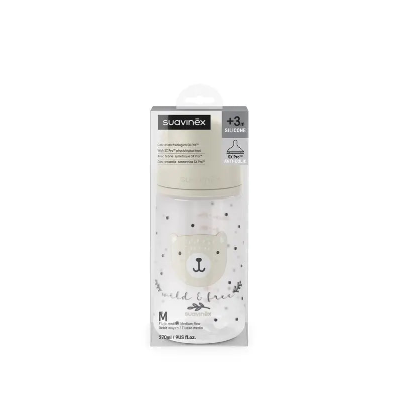 Suavinex Biberón Tetina Sx Pro Flujo Medio (M) +3 Meses Wild&Free Beige, 270 ml