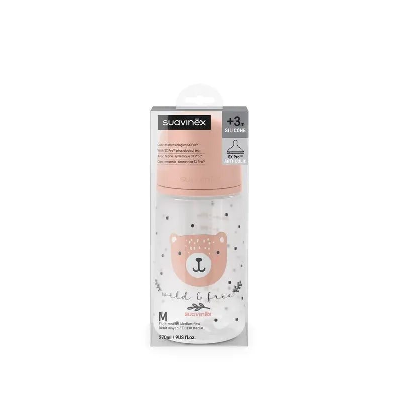 Suavinex Biberón Tetina Sx Pro Flujo Medio (M) +3 Meses Wild&Free Rosa, 270 ml