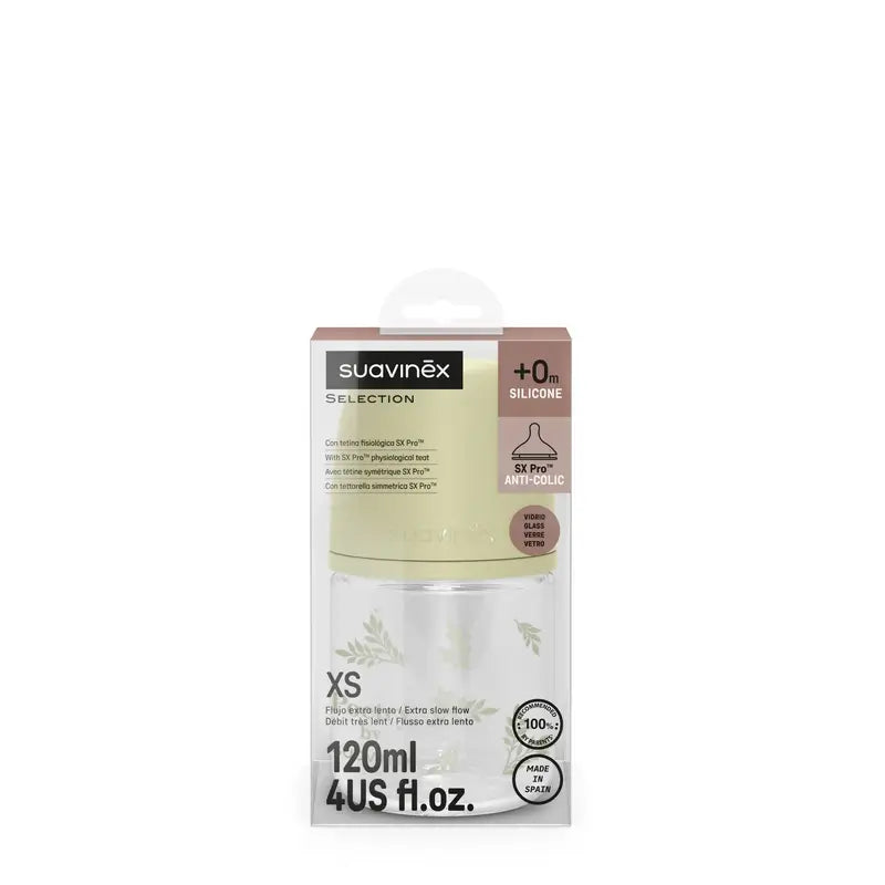 Suavinex Biberón Vidrio 120 Ml, Flujo Lento (S), +0 Meses, Poetry Verde