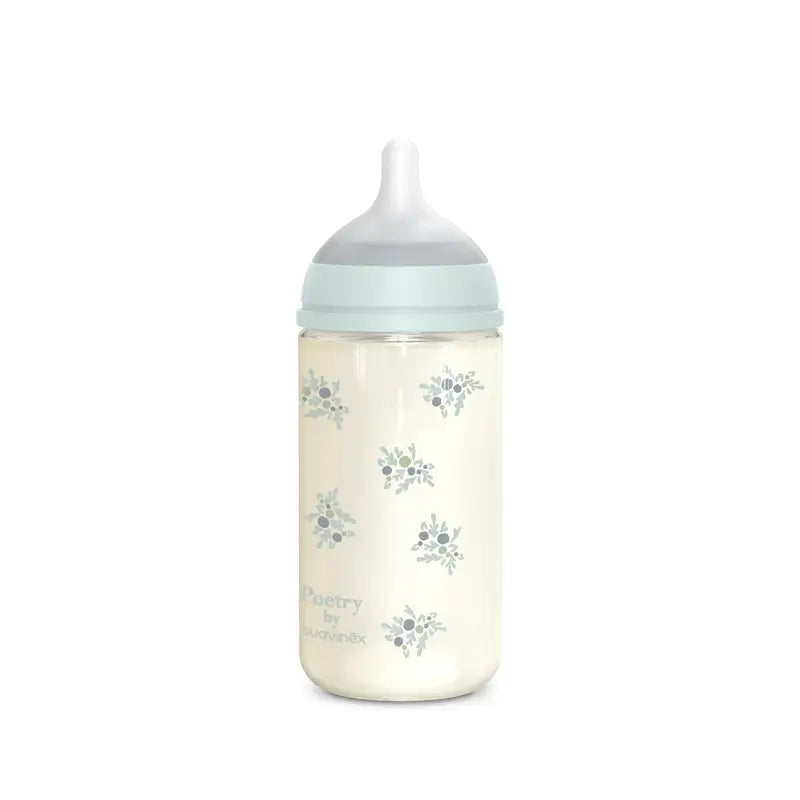 Suavinex Biberón Vidrio 240 Ml, Flujo Medio (M), +3 Meses, Poetry Azul