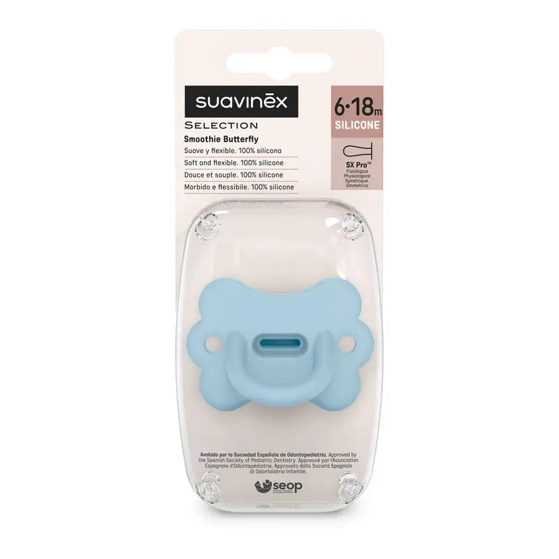Suavinex Chupete Todo Silicona Fisiológico Sx Pro, 6/18 Meses, Mariposa Infinity Blue