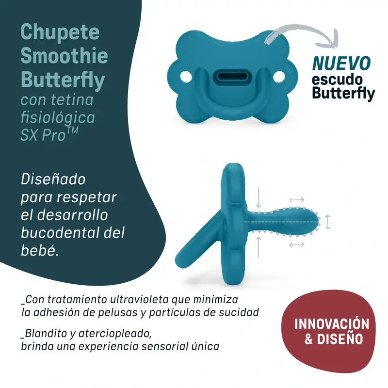 Suavinex Chupete Todo Silicona Fisiológico Sx Pro, 6/18 Meses, Mariposa Infinity Blue