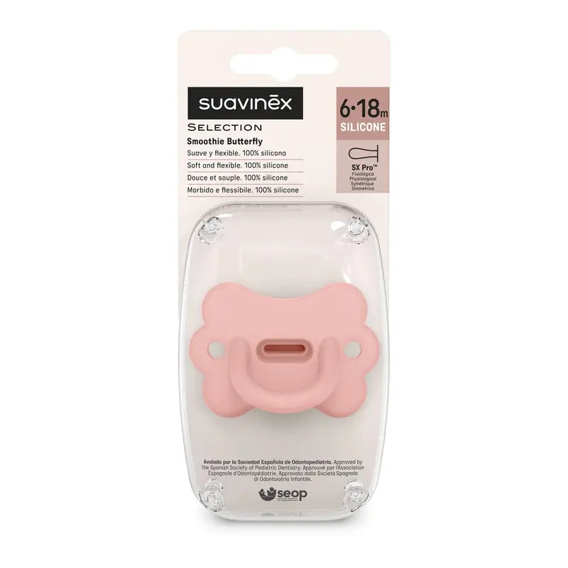 Suavinex Chupete Todo Silicona Fisiológico Sx Pro, 6/18 Meses, Mariposa Peach Pink