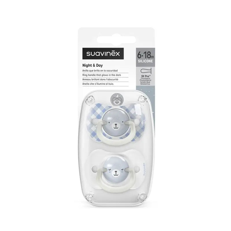 Suavinex Chupetes Nocturnos Night & Day Tetina Sx Pro 6/18 Meses Azul, 2 unidades