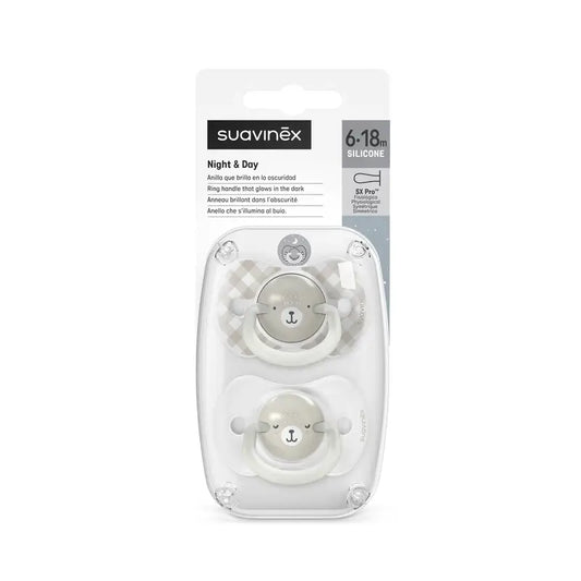 Suavinex Chupetes Nocturnos Night & Day Tetina Sx Pro 6/18 Meses Gris, 2 unidades