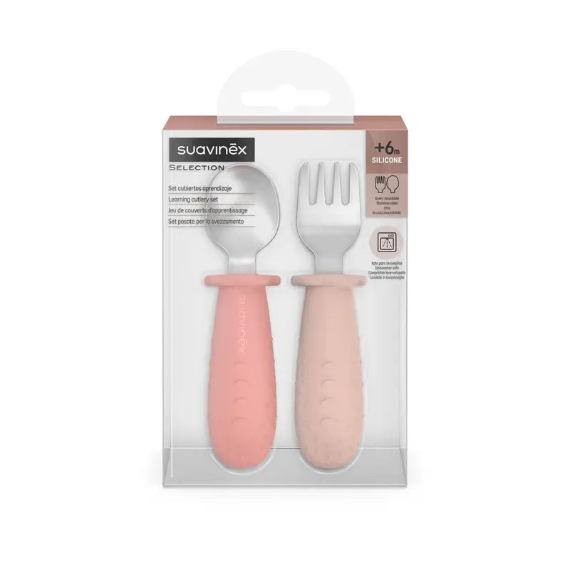 Suavinex Cubiertos Aprendizaje Acero Inoxidable, +6 Meses, Rosa