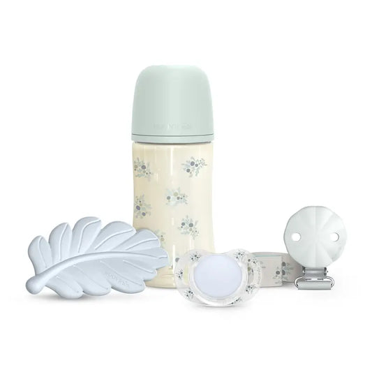 Suavinex Set Regalo Chupete + Chupetero + Biberón 270 Ml (M) + Mordedor, Azul