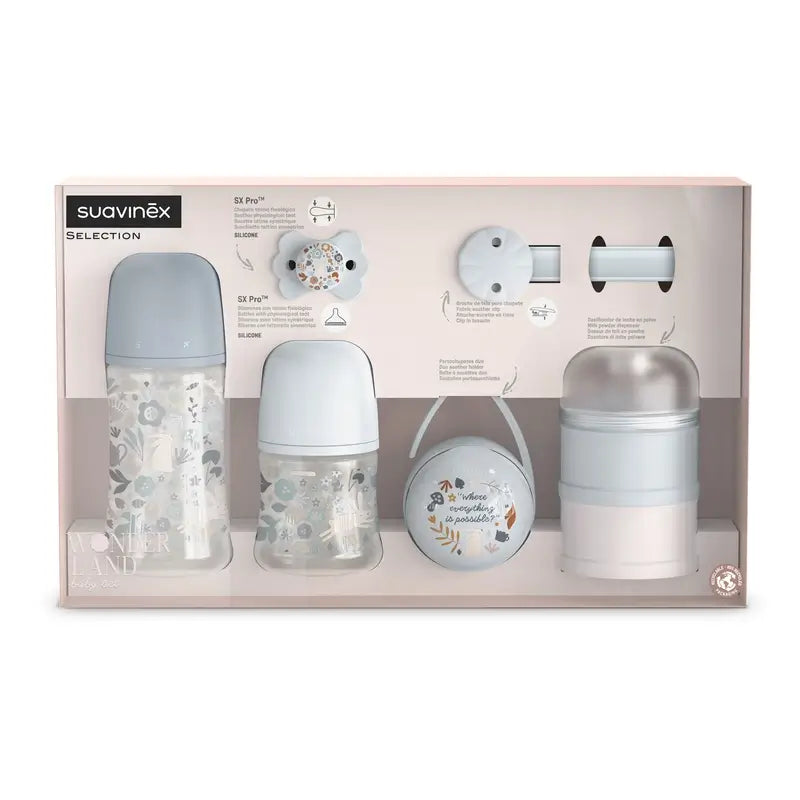 Suavinex Set Regalo Recién Nacido: Biberones + Chupete + Dosificador + Portachupetes + Chupetero, Wonderland Azul