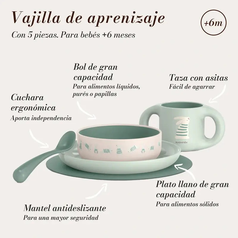 Suavinex Vajilla Bebés +6 Meses, Blanco Verde