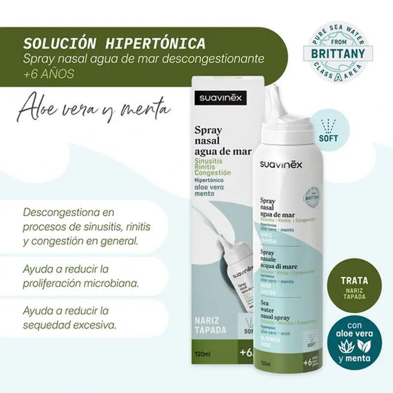 Suavinex Spray Nasal Descongestionante Con Agua De Mar +6A, 120 ml