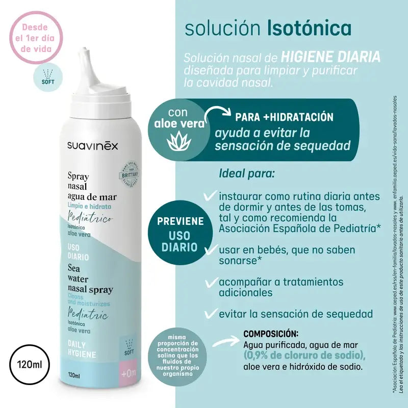 Suavinex Spray Nasal Isotónico Bebés, Higiene Diaria, 120 Ml
