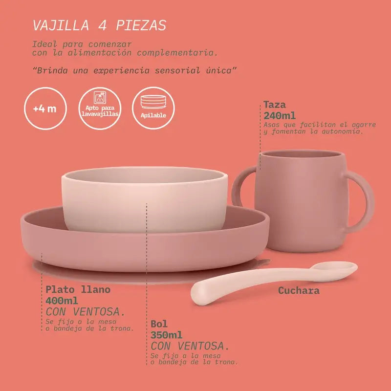 Suavinex Vajilla Silicona 4 Piezas Con Ventosa, +4 Meses, Rosa