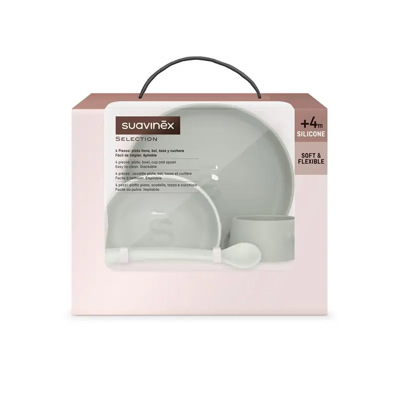 Suavinex Vajilla Silicona 4 Piezas Con Ventosa, +4 Meses, Verde