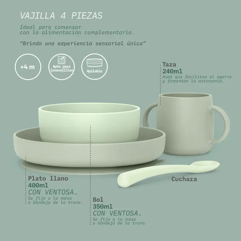 Suavinex Vajilla Silicona 4 Piezas Con Ventosa, +4 Meses, Verde