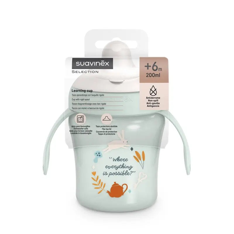 Suavinex Vaso Aprendizaje Bebé Boquilla Rígida Antidesgarro, 200 Ml, +6 Meses, Verde Wonderland