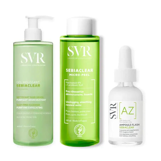 Svr Pack  Rutina Piel Acneíca Sebiaclear Ampoule Flash, 30 Ml + Sebiaclear Gel Mousse 400 Ml + Sebiaclear Micro Peel 150 Ml