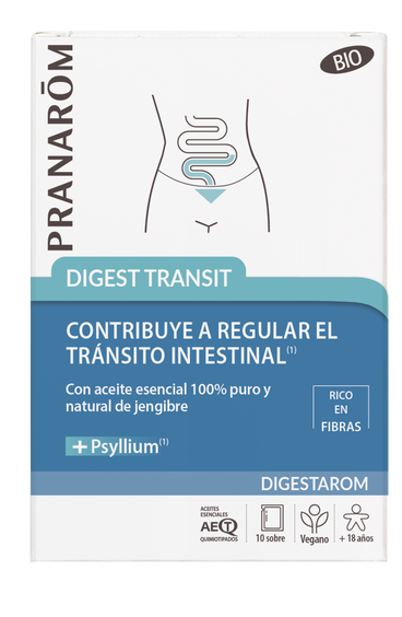 Pranarom Digest Transit  Fluidez de las Heces  Aceite Esencial de Jengibre y Psilio BIO  Vegano ,  10 sobres