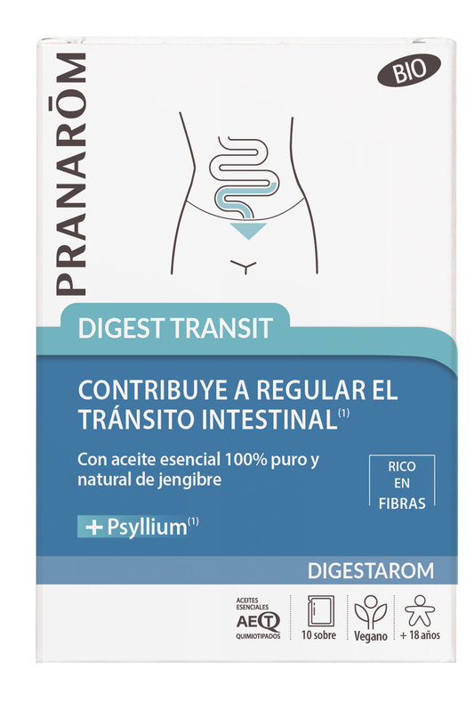 Pranarom Digest Transit  Fluidez de las Heces  Aceite Esencial de Jengibre y Psilio BIO  Vegano ,  10 sobres