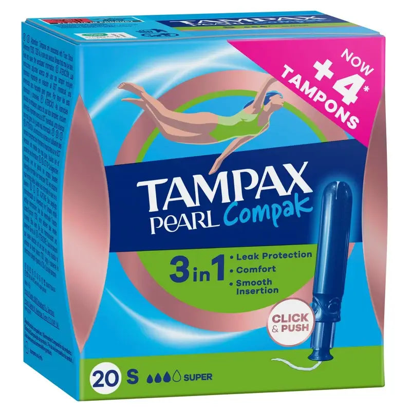 Tampax Pearl Compak Super Tampones Con Aplicador, 20 Unidades