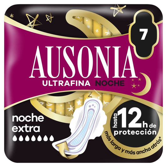 Ausonia Ultrafina Menstrual Noche Extra Compresas Con Alas, 7 Unidades
