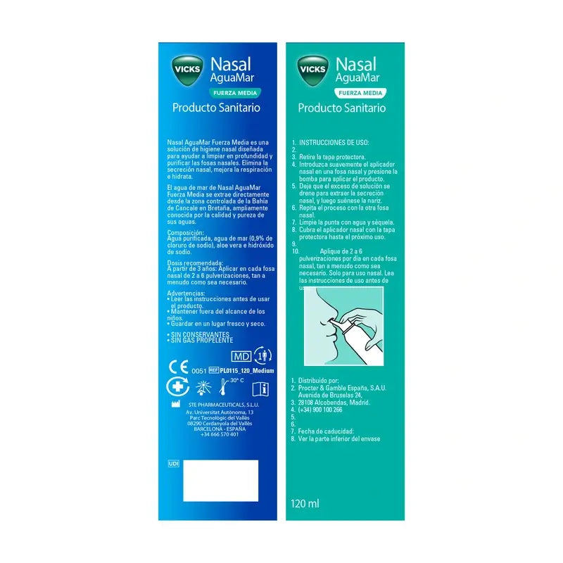 Vicks Nasal Aguamar Fuerza Media , 120 ml