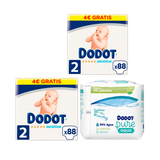 Dodot Pack De 2 Sensitive Recién Nacido Box Talla 2 , 88 unidades + Toallitas Pure Aqua Para Bebé 288 Unidades