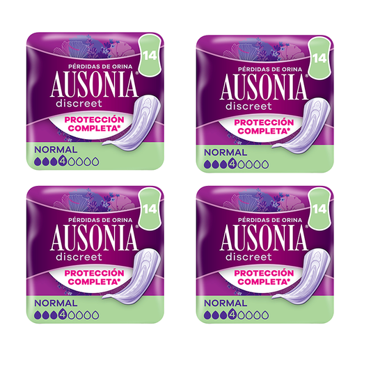 Ausonia Pack Discreet Compresas Para Pérdidas De Orina Para Mujer Normal, 4 x 14 Unidades