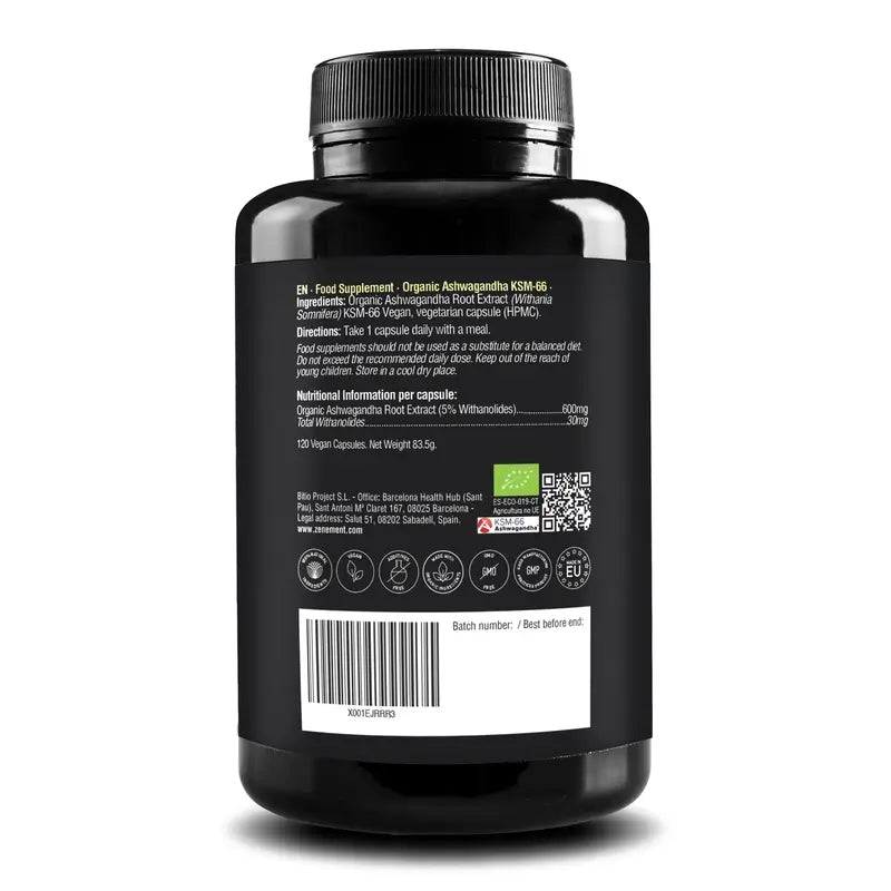 Zenement Ashwagandha Ecológica Ksm-66, 120 cápsulas veganas