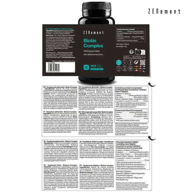 Zenement Biotina Complex Con Selenio Y Zinc, 365 comprimidos veganos