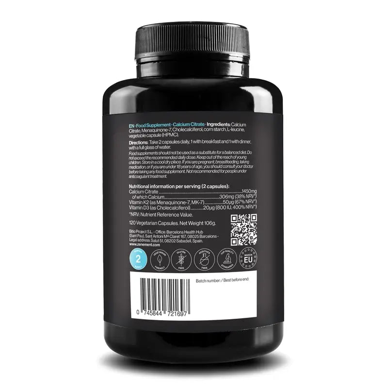 Zenement Citrato De Calcio Vitamina D3 Y K2, 120 cápsulas vegetarianas