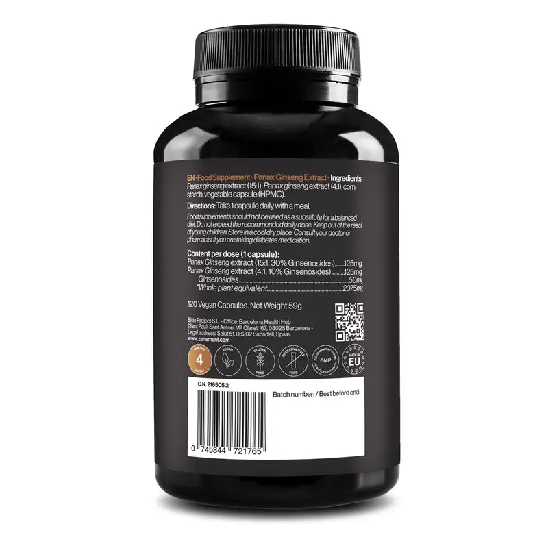 Zenement Extracto De Panax Ginseng Rojo Coreano, 120 cápsulas veganas
