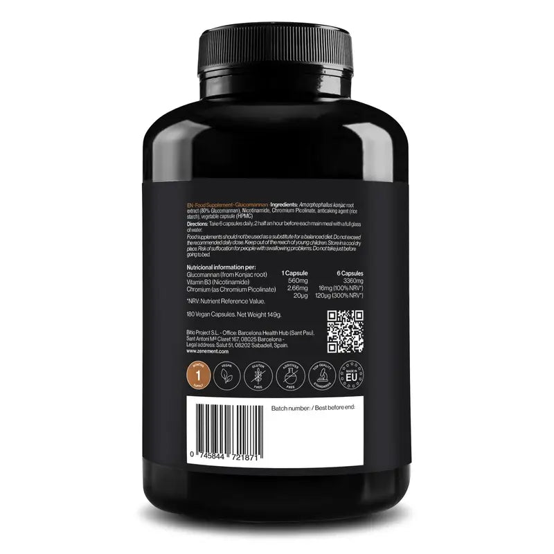 Zenement Glucomanano Saciante Natural, 180 cápsulas veganas