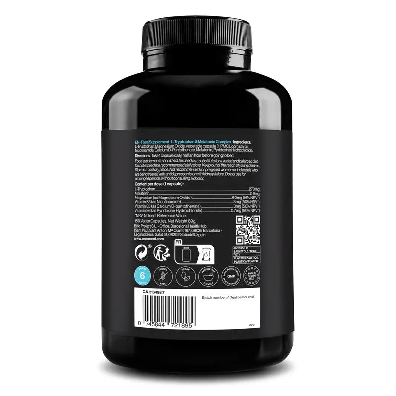 Zenement L-Triptófano Y Melatonina Complex, 180 cápsulas veganas