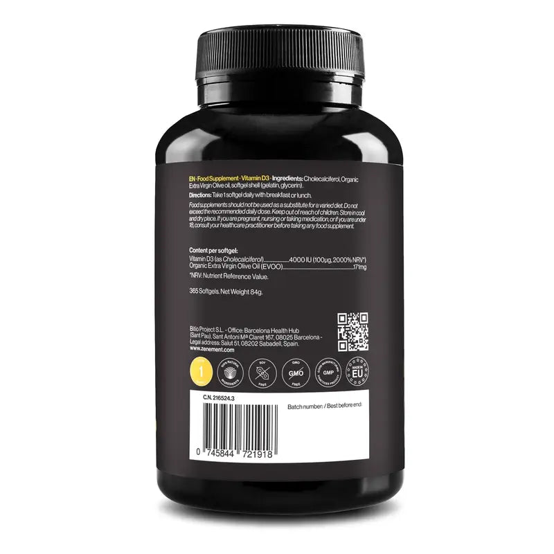 Zenement Vitamina D3 4000 Ui, 365 cápsulas blandas