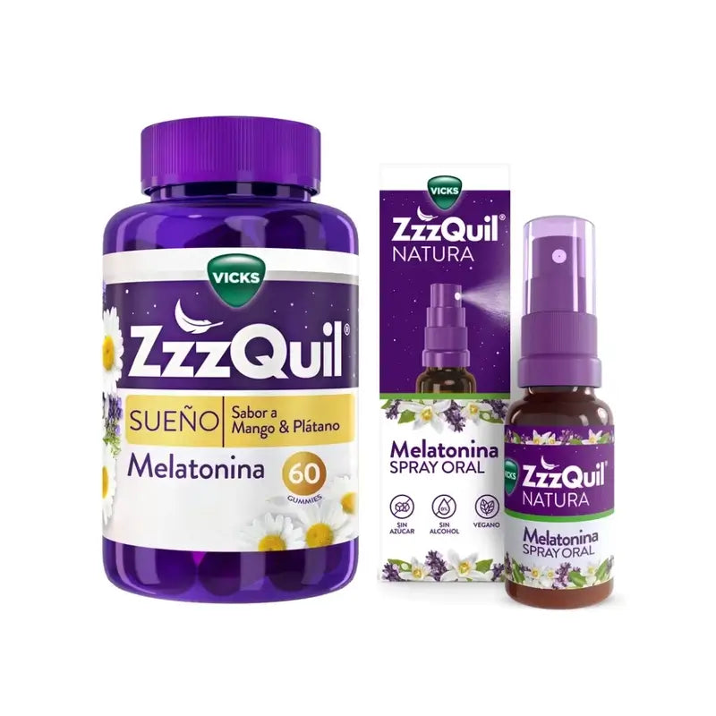 ZzzQuil Natura Pack Gummies de Melatonina Mango&Platano 60 Gummies  + Spray 30ml